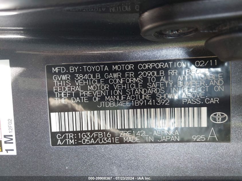 2011 Toyota Corolla Le VIN: JTDBU4EE1B9141392 Lot: 39908367