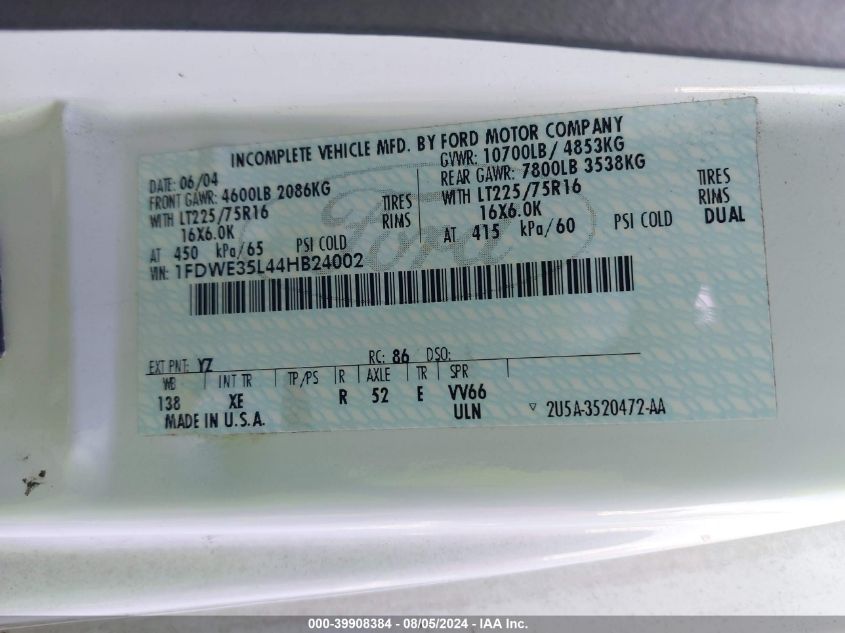 2004 Ford E-350 Cutaway Standard VIN: 1FDWE35L44HB24002 Lot: 39908384