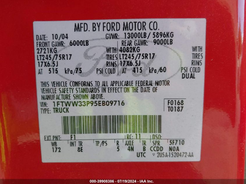 2005 Ford E-350 VIN: 1FTWW33P95EB09716 Lot: 39908386
