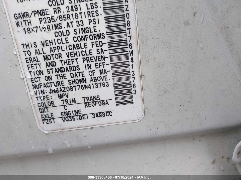 2006 Nissan Murano Sl VIN: JN8AZ08T76W413763 Lot: 39908406