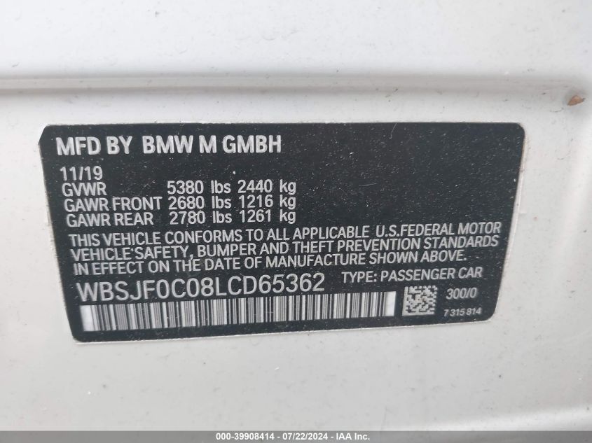 2020 BMW M5 VIN: WBSJF0C08LCD65362 Lot: 39908414