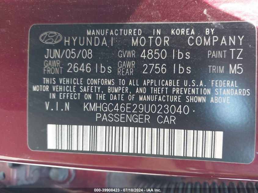 2009 Hyundai Genesis 3.8 VIN: KMHGC46E29U023040 Lot: 39908423