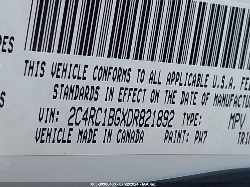 2013 Chrysler Town & Country Touring VIN: 2C4RC1BGXDR821892 Lot: 39908433