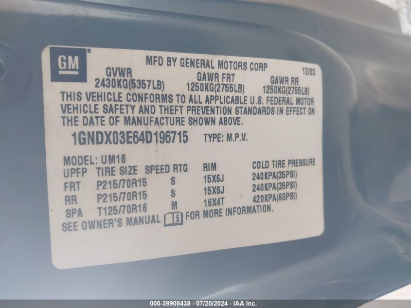 2004 Chevrolet Venture VIN: 1GNDX03E64D196715 Lot: 39908438