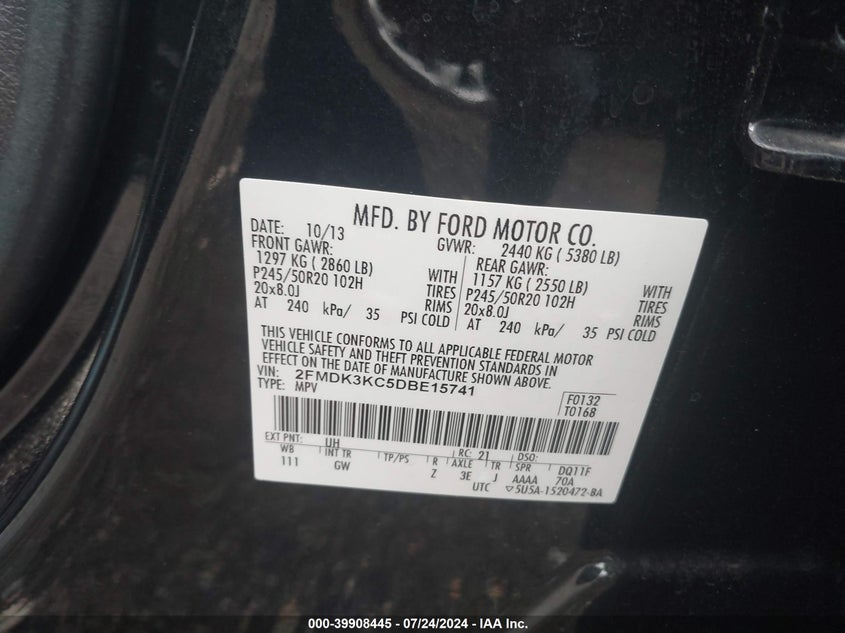 2013 Ford Edge Limited VIN: 2FMDK3KC5DBE15741 Lot: 39908445