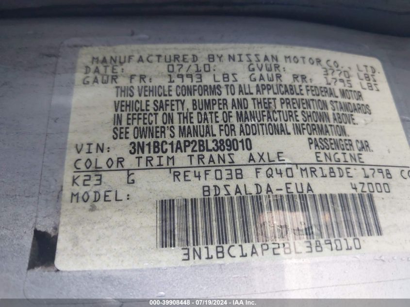 2011 Nissan Versa 1.8S VIN: 3N1BC1AP2BL389010 Lot: 39908448