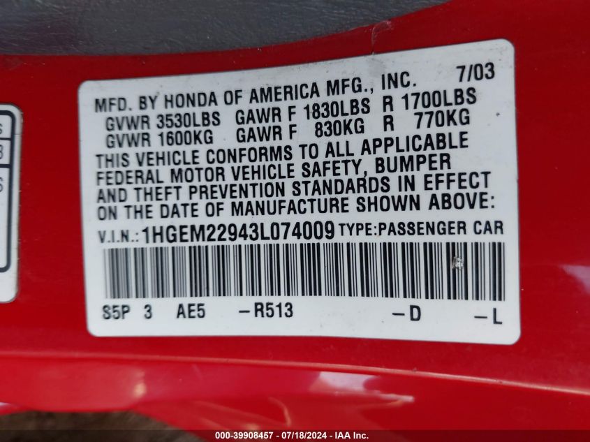2003 Honda Civic Ex VIN: 1HGEM22943L074009 Lot: 39908457