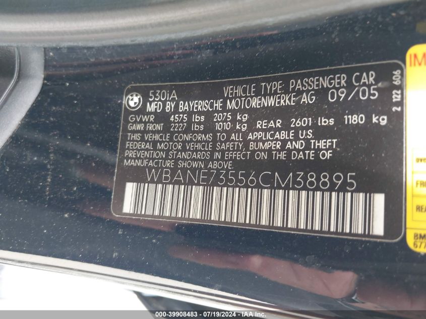 2006 BMW 530I VIN: WBANE73556CM38895 Lot: 39908483