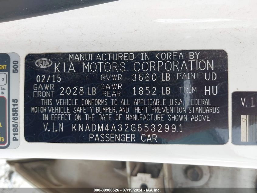 2016 Kia Rio Lx VIN: KNADM4A32G6532991 Lot: 39908526