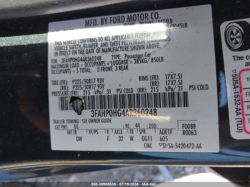2010 Ford Fusion Se VIN: 3FAHP0HG4AR360248 Lot: 39908539