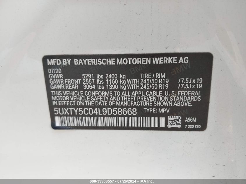 2020 BMW X3 xDrive30I VIN: 5UXTY5C04L9D58668 Lot: 39908557