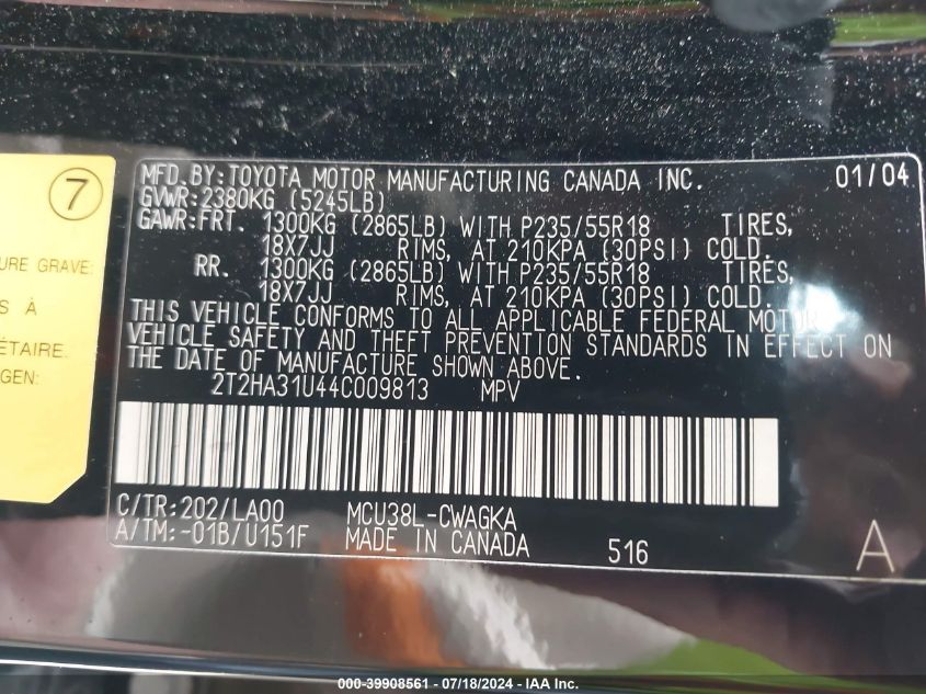 2004 Lexus Rx 330 VIN: 2T2HA31U44C009813 Lot: 39908561