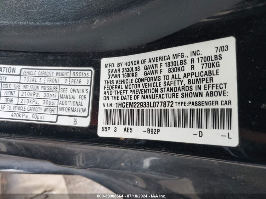 2003 Honda Civic Ex VIN: 1HGEM22933L077872 Lot: 39908564