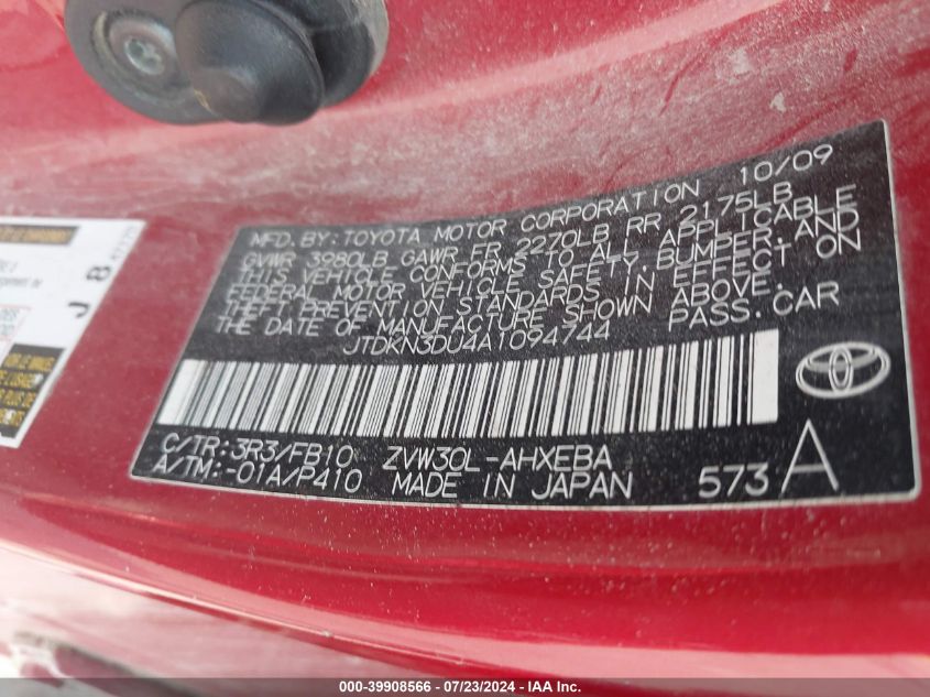 2010 Toyota Prius VIN: JTDKN3DU4A1094744 Lot: 39908566