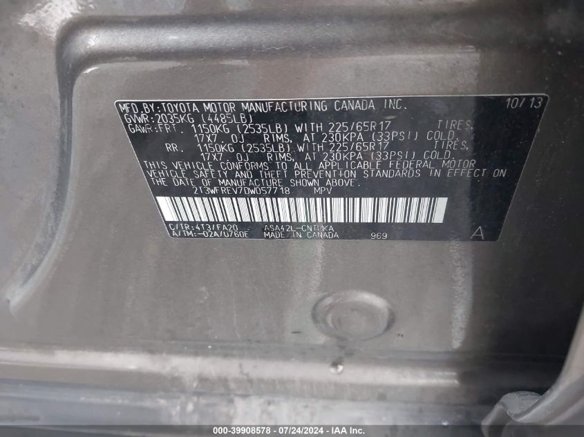 2013 Toyota Rav4 Xle VIN: 2T3WFREV7DW057718 Lot: 39908578