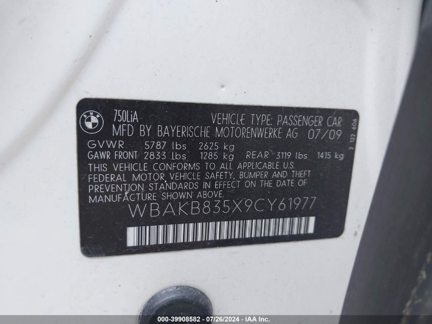 2009 BMW 750Li VIN: WBAKB835X9CY61977 Lot: 39908582