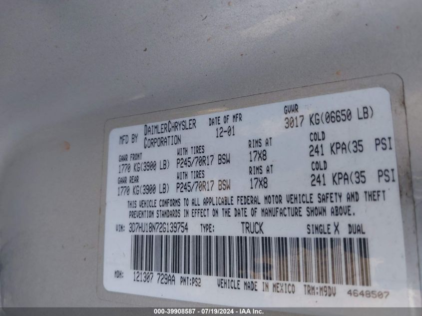 2002 Dodge Ram 1500 VIN: 3D7HU18N72G139754 Lot: 39908587