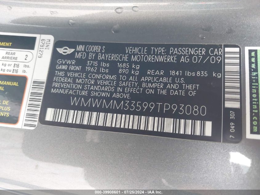 2009 Mini Cooper S Clubman VIN: WMWMM33599TP93080 Lot: 39908601