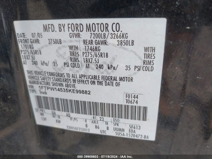 2005 Ford F-150 Fx4/Lariat/Xlt VIN: 1FTPW14535KE99882 Lot: 39908603