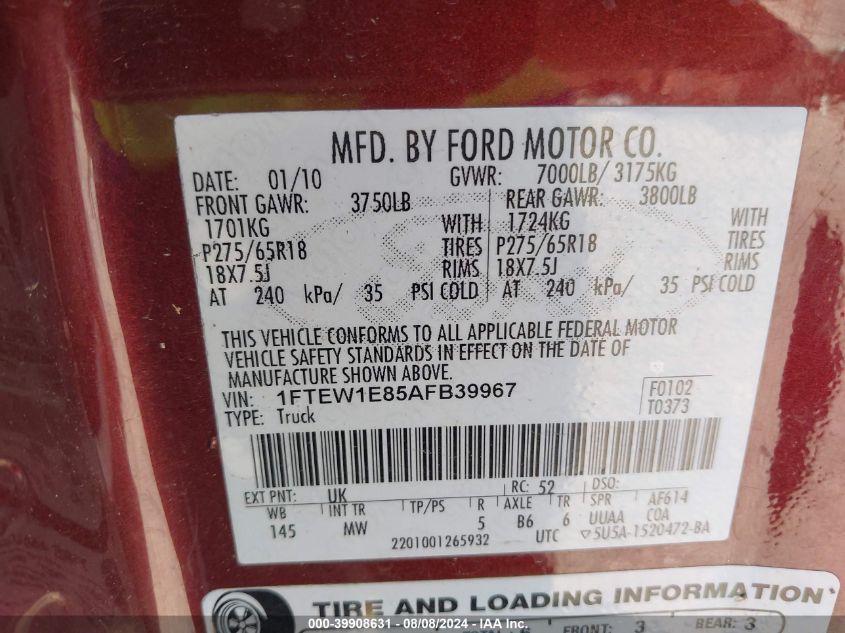 2010 Ford F-150 Xl/Xlt VIN: 1FTEW1E85AFB39967 Lot: 39908631