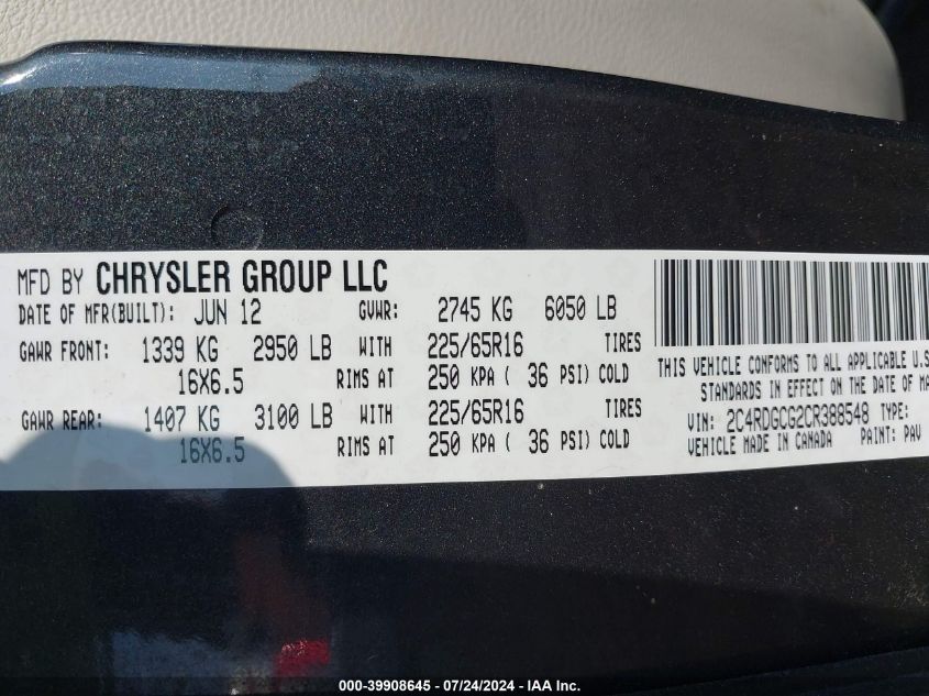 2012 Dodge Grand Caravan Sxt VIN: 2C4RDGCG2CR388548 Lot: 39908645