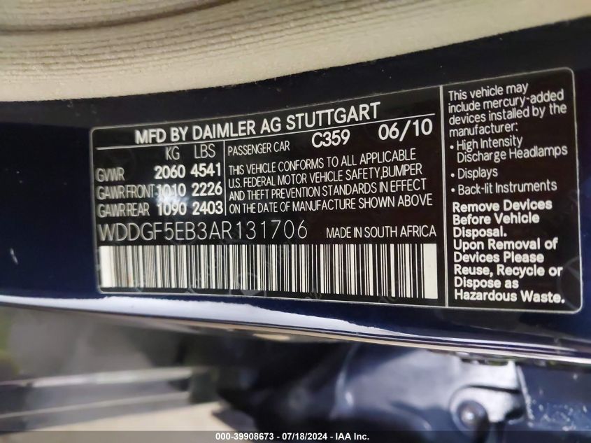 2010 Mercedes-Benz C 300 Luxury/Sport VIN: WDDGF5EB3AR131706 Lot: 39908673