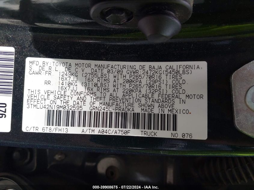 2009 Toyota Tacoma Base V6 VIN: 3TMLU42N19M032595 Lot: 39908675