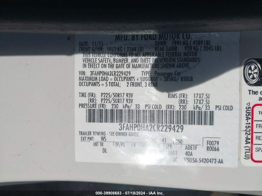 2012 Ford Fusion Se VIN: 3FAHP0HA2CR229429 Lot: 39908683