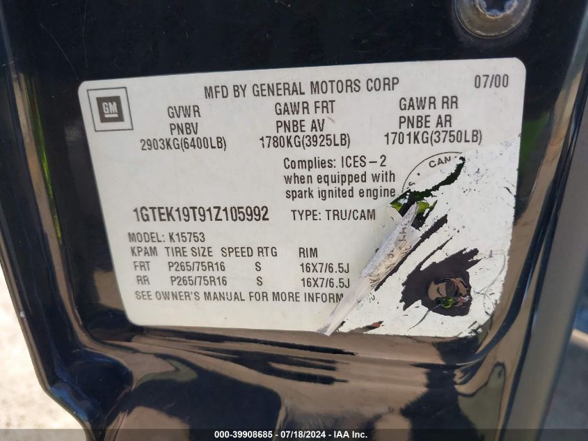 2001 GMC Sierra 1500 Sl/Sle VIN: 1GTEK19T91Z105992 Lot: 39908685