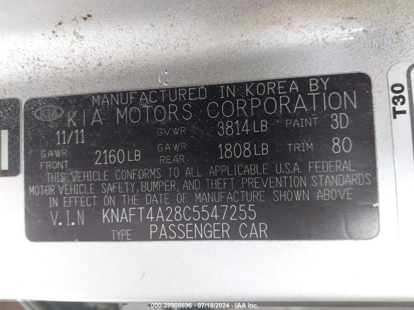 2012 Kia Forte Lx VIN: KNAFT4A28C5547255 Lot: 39908696