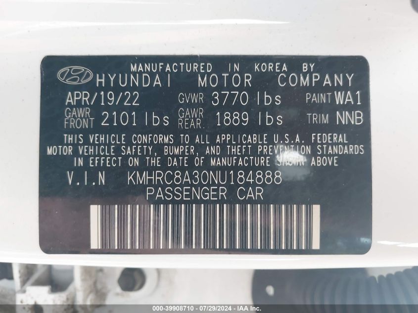 2022 Hyundai Venue Limited VIN: KMHRC8A30NU184888 Lot: 39908710