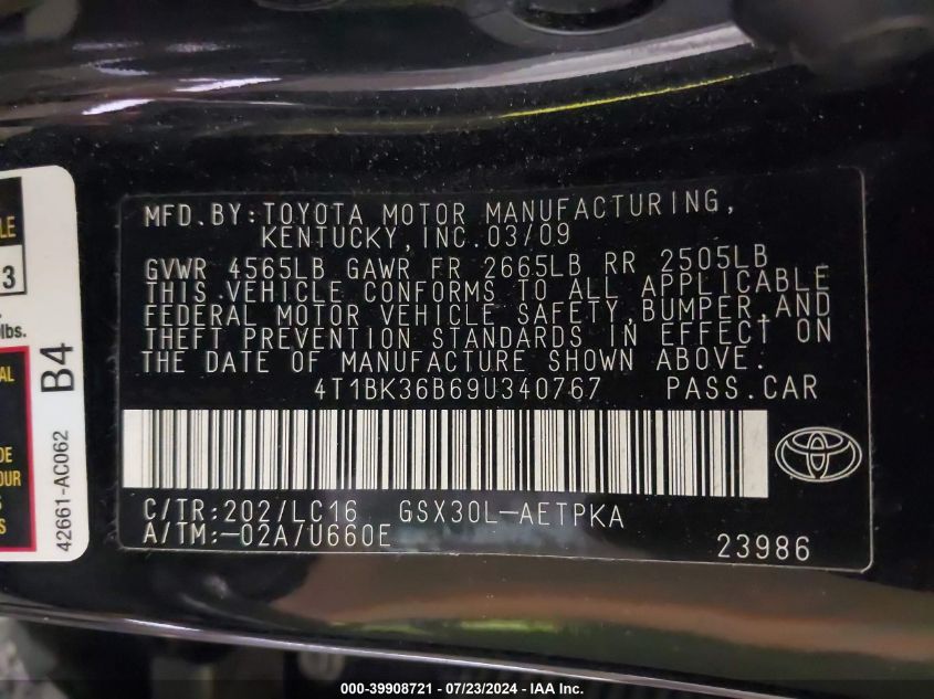 2009 Toyota Avalon Limited VIN: 4T1BK36B69U340767 Lot: 39908721