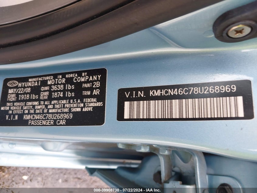 2008 Hyundai Accent Gls VIN: KMHCN46C78U268969 Lot: 39908730