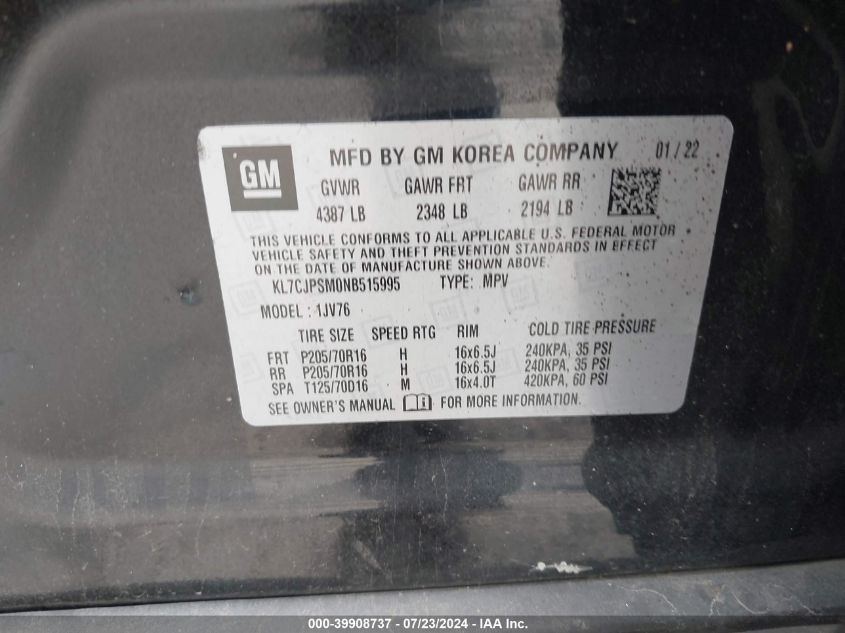 2022 Chevrolet Trax Awd Lt VIN: KL7CJPSM0NB515995 Lot: 39908737