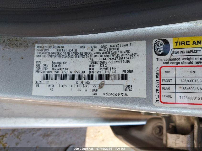 VIN 3FADP4AJ7JM134701 2018 FORD FIESTA S