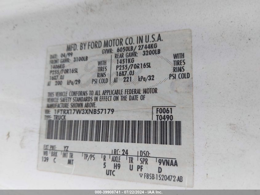 1999 Ford F-150 Lariat/Work Series/Xl/Xlt VIN: 1FTRX17W3XNB57179 Lot: 39908741
