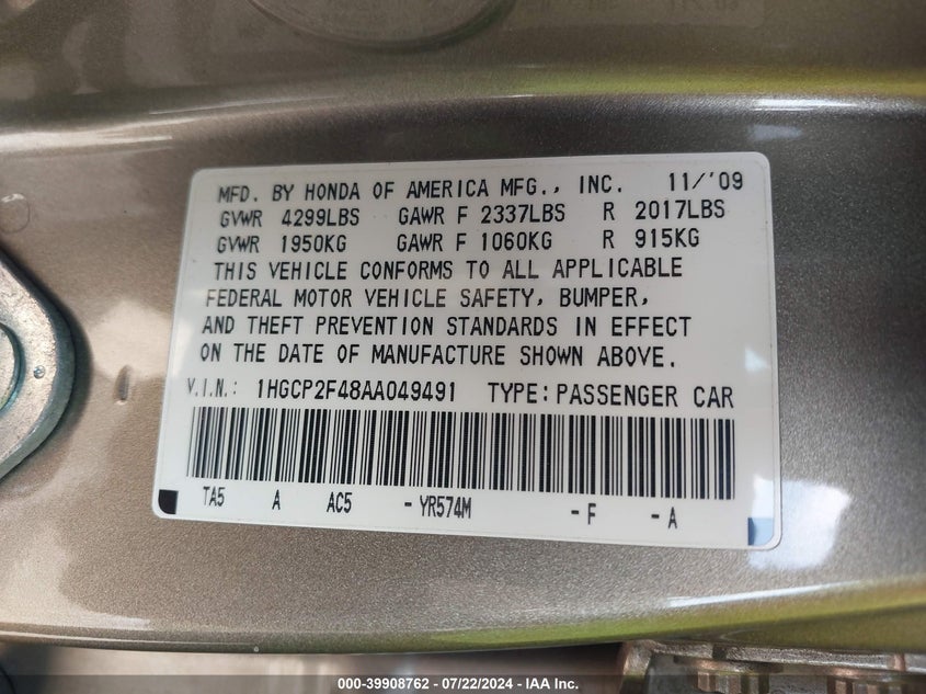 2010 Honda Accord 2.4 Lx-P VIN: 1HGCP2F48AA049491 Lot: 39908762