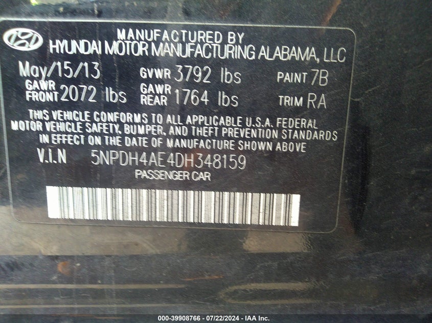 2013 Hyundai Elantra Gls VIN: 5NPDH4AE4DH348159 Lot: 39908766