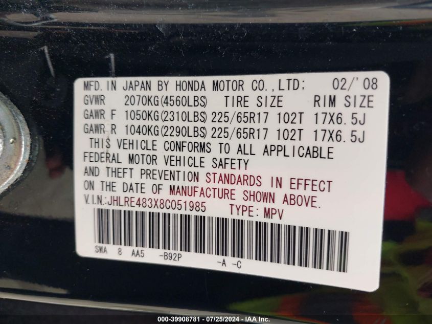 2008 Honda Cr-V Lx VIN: JHLRE483X8C051985 Lot: 39908781