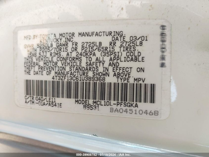 2001 Toyota Sienna Xle VIN: 4T3ZF13C61U389368 Lot: 39908782