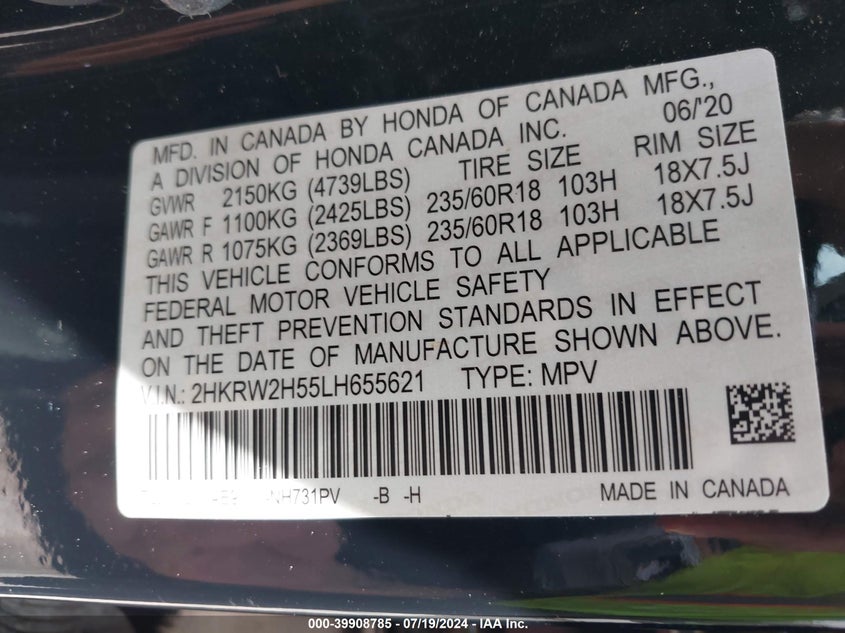 2020 Honda Cr-V Ex VIN: 2HKRW2H55LH655621 Lot: 39908785