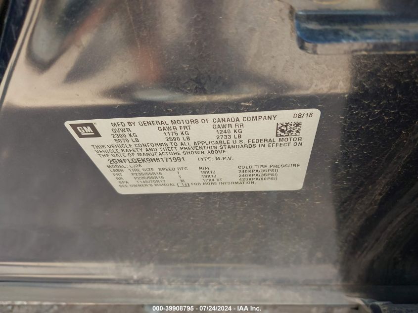 2017 Chevrolet Equinox Premier VIN: 2GNFLGEK9H6171991 Lot: 39908795