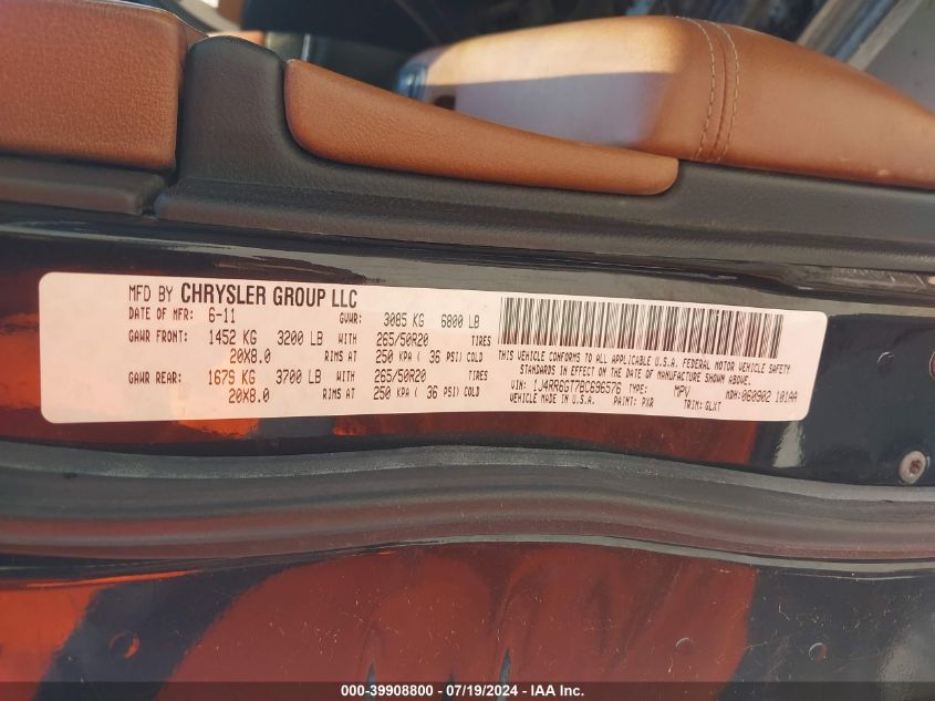 2011 Jeep Grand Cherokee Overland VIN: 1J4RR6GT7BC696576 Lot: 39908800