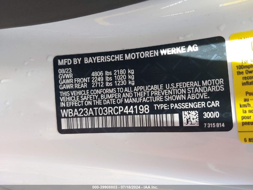 2024 BMW 4 Series 430I VIN: WBA23AT03RCP44198 Lot: 39908803