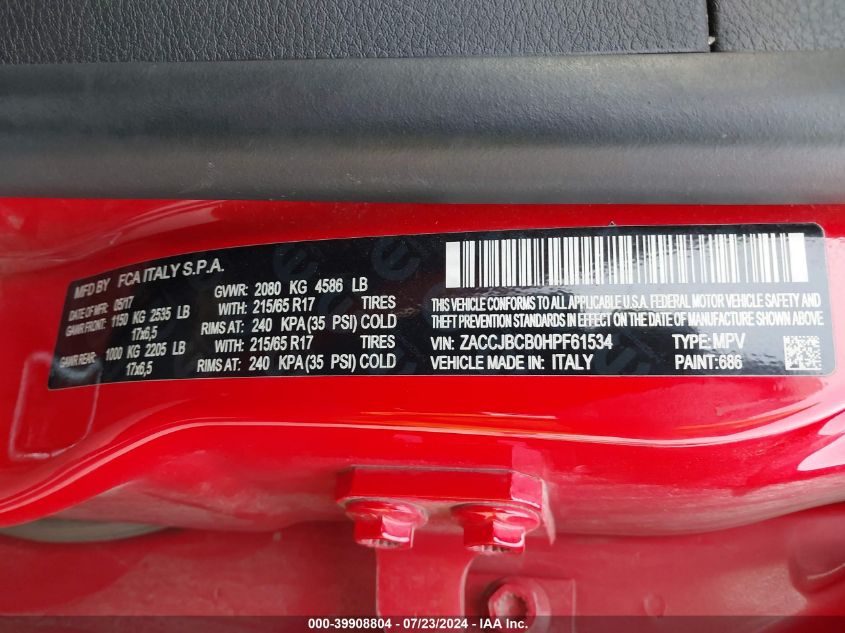 2017 Jeep Renegade Trailhawk VIN: ZACCJBCB0HPF61534 Lot: 39908804