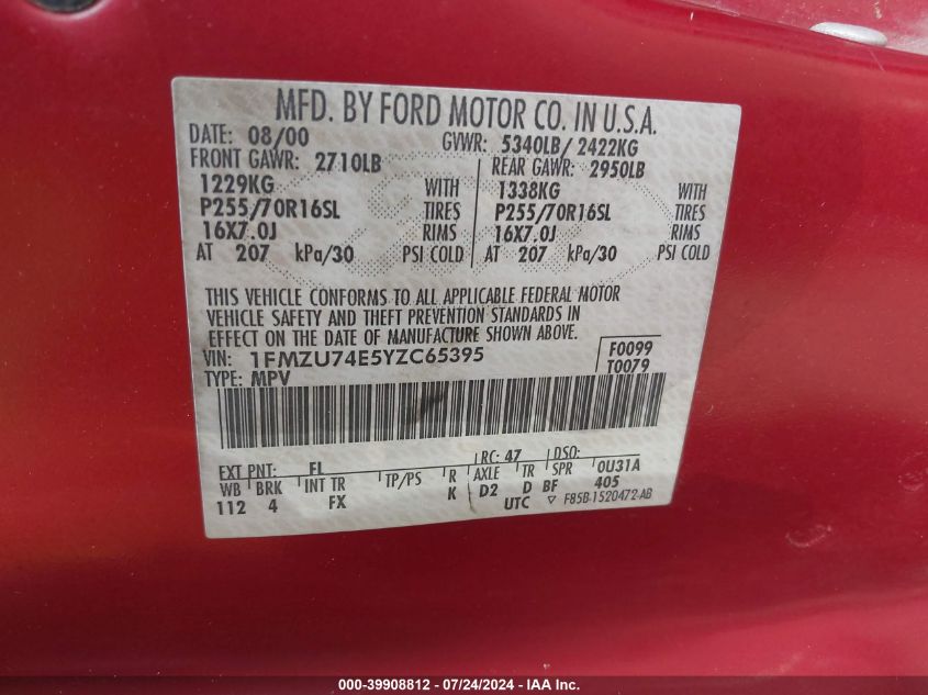 2000 Ford Explorer Eddie Bauer VIN: 1FMZU74E5YZC65395 Lot: 39908812