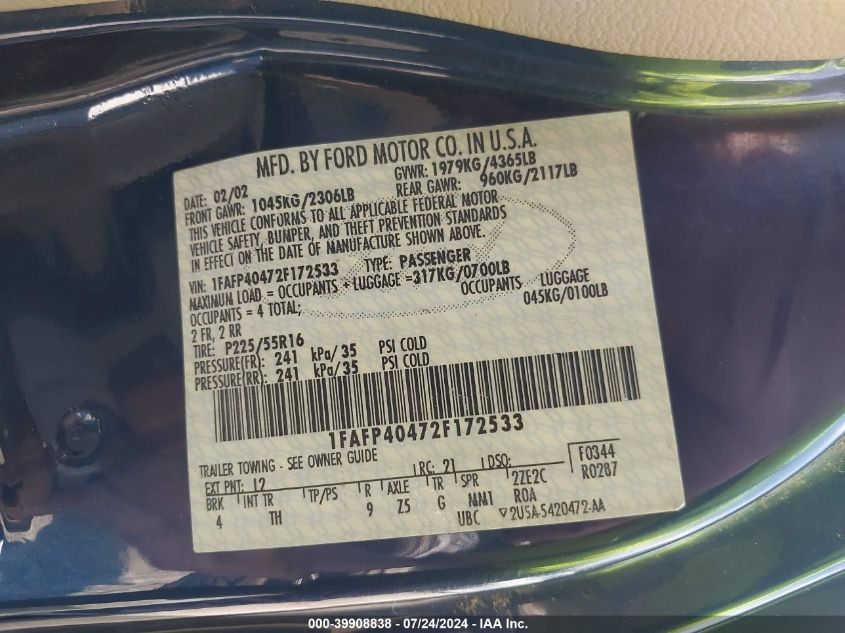 2002 Ford Mustang VIN: 1FAFP40472F172533 Lot: 39908838