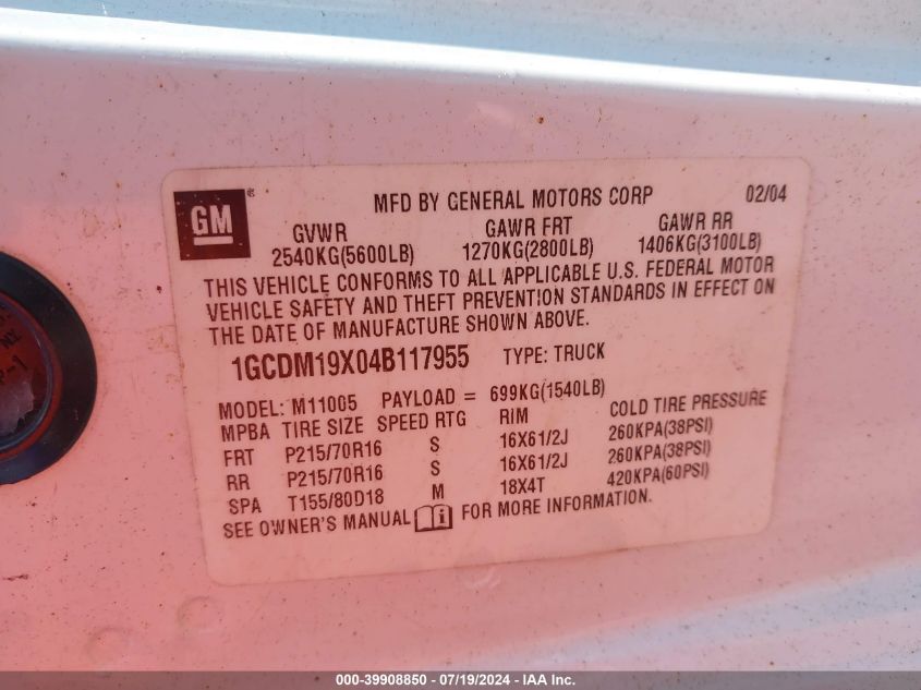 2004 Chevrolet Astro VIN: 1GCDM19X04B117955 Lot: 39908850