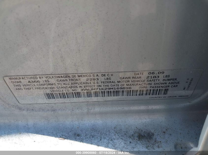 2009 Volkswagen Jetta S VIN: 3VWJM71K29M169896 Lot: 39908860