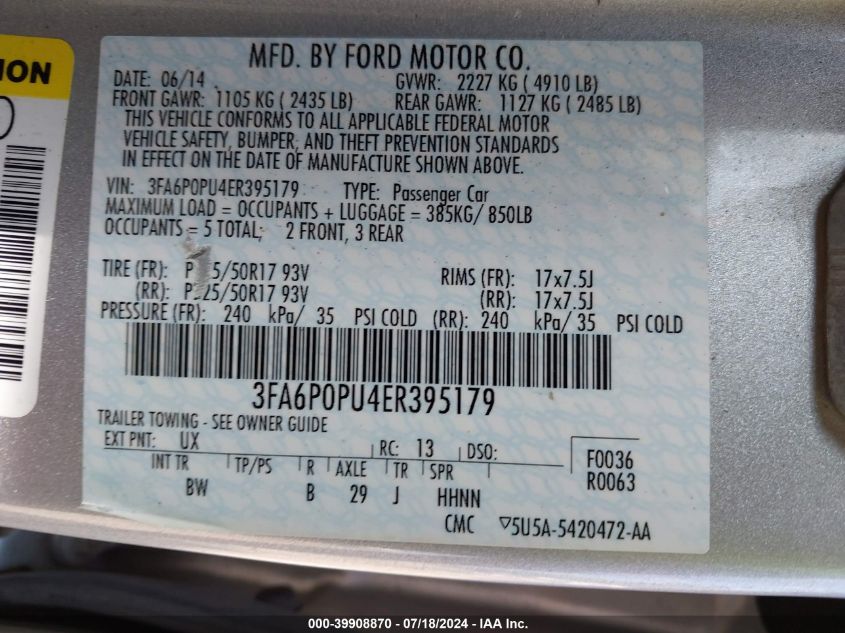 2014 Ford Fusion Energi Se Luxury VIN: 3FA6P0PU4ER395179 Lot: 39908870